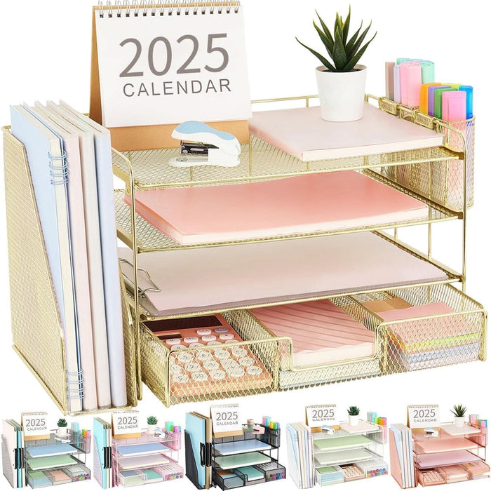 Paper Letter Tray Organizer with File Holder, 4-Tier Desk Accessories & Workspace Organizers with Drawer and 2 Pen Holder, Desk Organizers and Accessories for Office Supplies