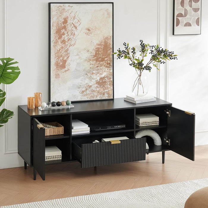 Black TV Stand for 65 Inch TV, TV Consoles for Living Room, TV Stand for Bedroom W/Drawer and Storage, Wood Fluted Panel Media Console, Entertainment Center W/Soft Hinge & Cable Management