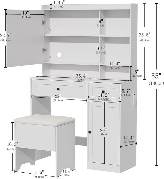 Vanity Table with Hidden Storage & LED Mirror - Includes Padded Stool, 5 Compartments, 2 Drawers & 1 Storage Cabinet - Ideal Bedroom Makeup Dressing Table White
