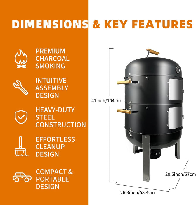 Vertical Charcoal Smoker Grills: Premium 20.5 Inch BBQ Meat Smokers - Barbecue Charcoal Grill Smoker Combo for Outdoor Cooking Patio Backyard Picnic Party Grilling