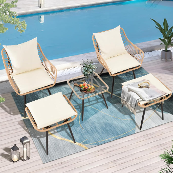 5 Piece Patio Bistro Set with Ottoman, Outdoor Wicker Apartment Balcony Furniture Sets, Rattan Table and Chairs Set of 2 for Porch Backyard Lawn Poolside Deck (Yellow/Beige)