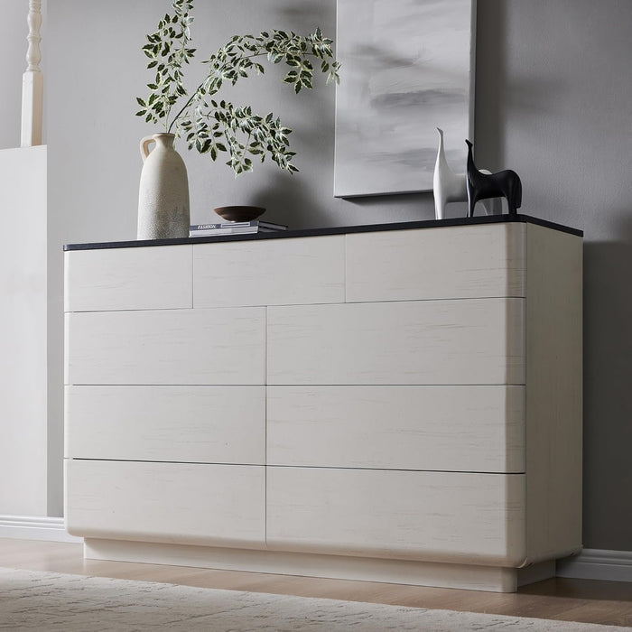 Modern 9 Drawer Dresser for Bedroom, 52" Wide Wooden Dressers with Large Storage,Handleless Chest of Drawers TV Stand for Living Room & Hallway, Curved Profile Design, White