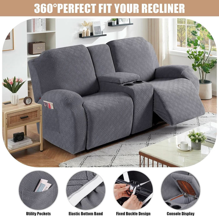 Recliner Loveseat Cover with Middle Console Stretch Reclining Sofa Slipcover for 2 Seat Jacquard Reclining Couch Sofa Covers Furniture Protector with Elastic Straps Bottom (Dark Gray)
