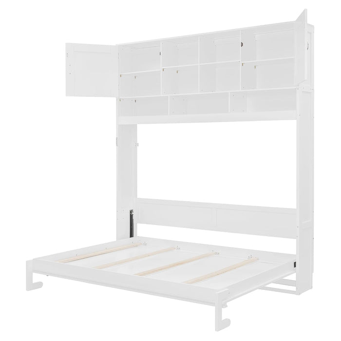 Hideaway Bed Queen Size Murphy Bed with Ample Storage,Space-Saving Wall-Mounted Design Cabinets Bedframe W/Diamond Stripes,Hydraulic Lift System,For Apartment,White