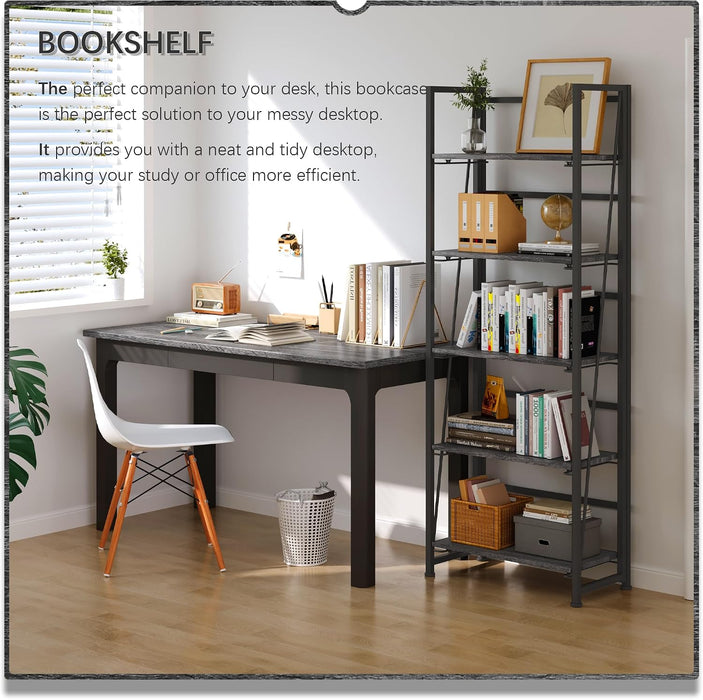 No Assembly Folding Bookshelf Book Shelves, 5-Tier 62.2"" H Collapsible Foldable Bookcase Storage Industrial Shelf for Living Room Bedroom Office