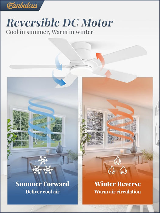 Ceiling Fans with Lights and Remote, 42 Inch Low Profile Flush Mount Ceiling Fan,White Modern Ceiling Fan with LED Light for Bedroom Indoor Outdoor-5 Reversible Blades, 3CCT, 6 Speeds, Timer