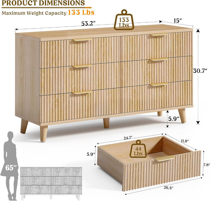 Wood 6 Drawers Dresser, 53.2" W Fluted Modern Dressers for Bedroom