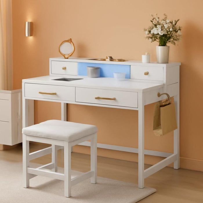 Small Vanity Table with Stool, RGB Light Strips, Makeup Desk with Storage Drawers, Charging Station, Side Hook & Fabric Pocket, Mirrorless