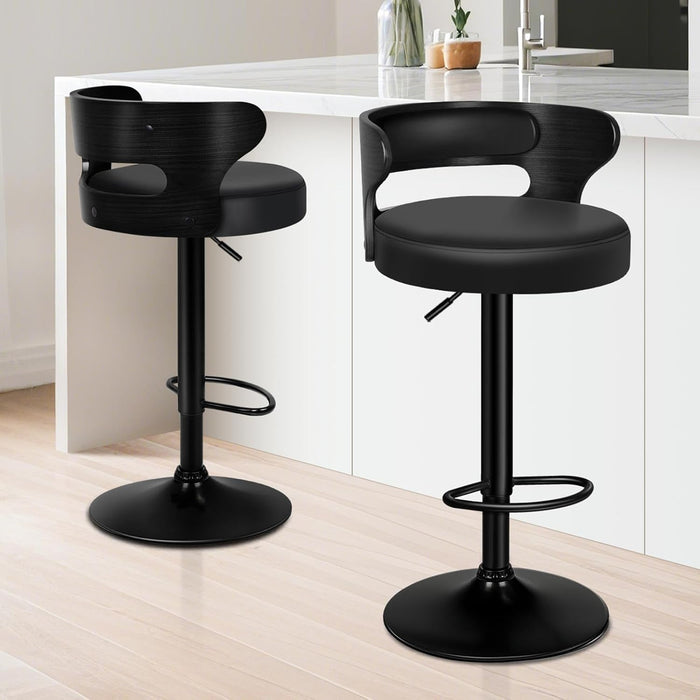 Bar Stools Set of 2, Adjustable Swivel Bar Chairs with Faux Leather Upholstery, Counter Height and Wooden Backrest for Kitchen Islands, Black
