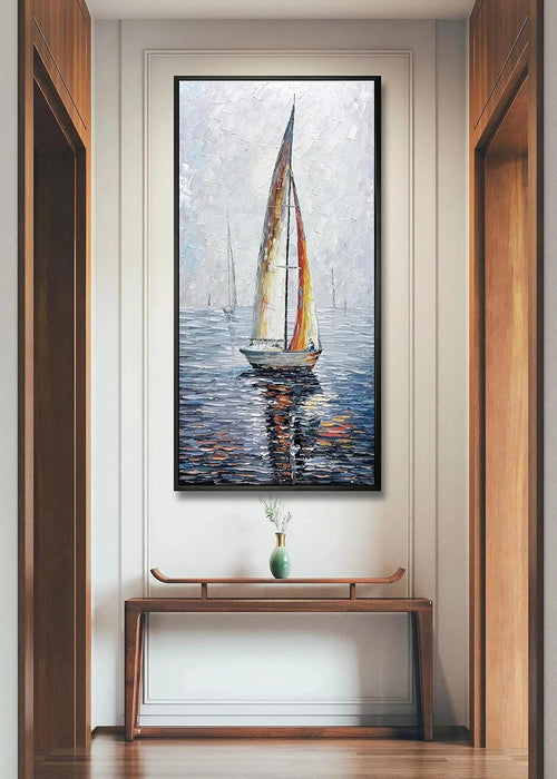 Art,24X48 Inch Modern Abstract Hand Painted Frame Oil Paintings Sailing Boat on the Sea Acrylic Canvas Hanging Painting Living Room Bedroom Wall Art Home Decoration