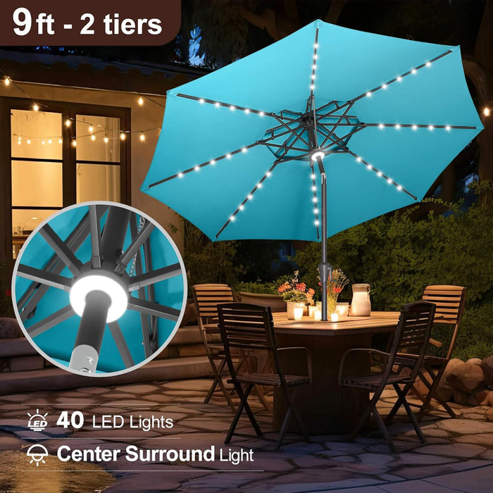 2 Tiers 9Ft Solar Light Patio Umbrella, 40 LED Lights Outdoor Umbrella with Centre Surround Light, Table Market Umbrella for Deck, Pool, Porch, Backyard, Garden (Aqua Blue)