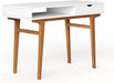 White Computer Desk with Drawers - 45 Inch Minimalist Small Solid Wood Mid-Century Modern Office Desk for Home - Boho Style Writing Table with Open Storage,Light Wooden Desk Workspace