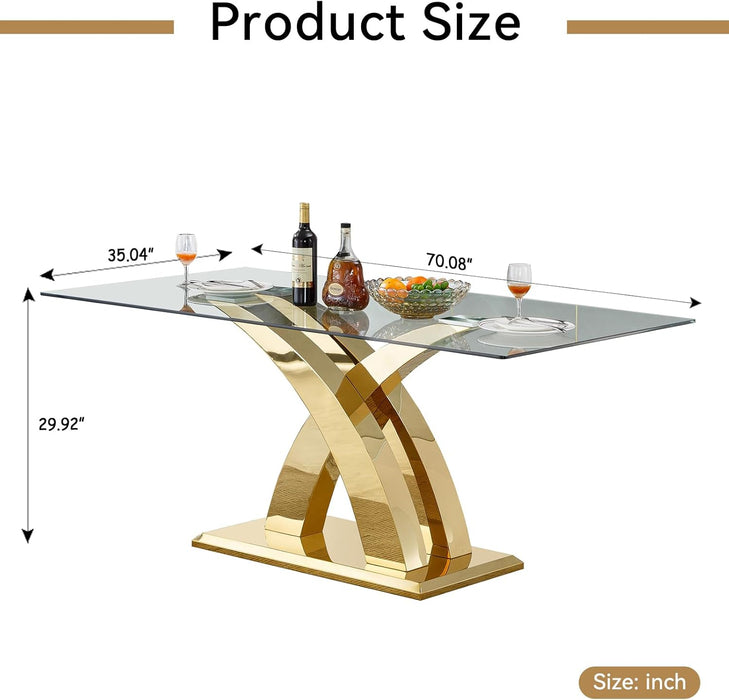 70" Gold Tempered Glass Dining Table, Modern Glass Kitchen Table Dining with Tempered Glass Tabletop and Unique Stainless Steel Pedestal, Modern Kitchen Dining Room Table for 8