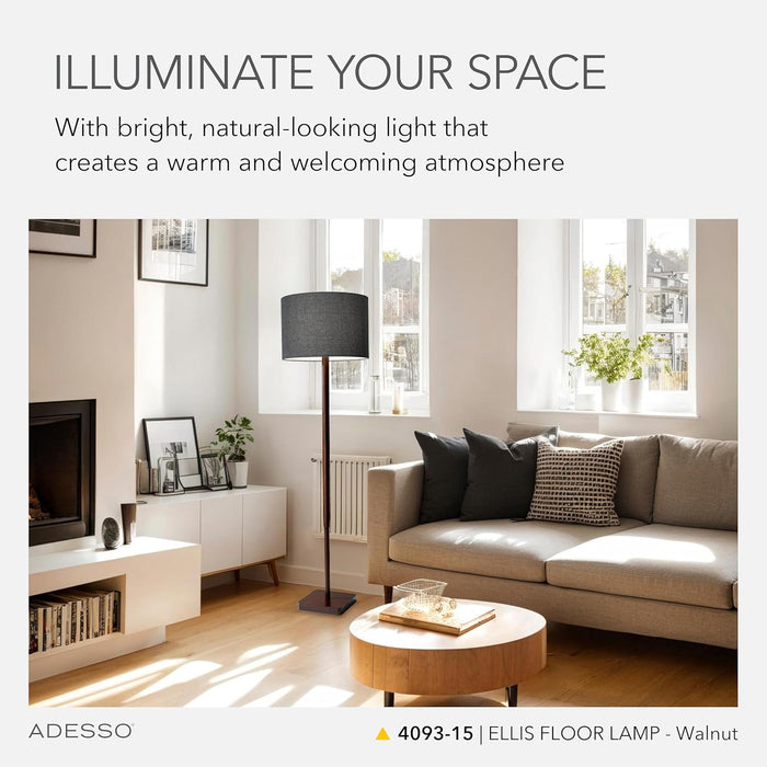 Floor Lamp with Walnut Rubberwood Base and Grey Fabric Lampshade – 58.5” X 16”, 3-Way Adjustable Brightness, Lamp for Bedroom, Living Room, and House Decor