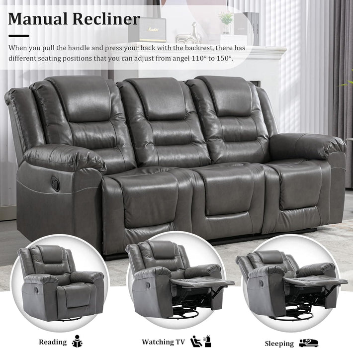 Leather Reclining Sofa Set,Home Theater Seating with Center Console,Flipped Middle Backrest,3 Seater for Living Room,Office,Home Theater,Rv (Grey)