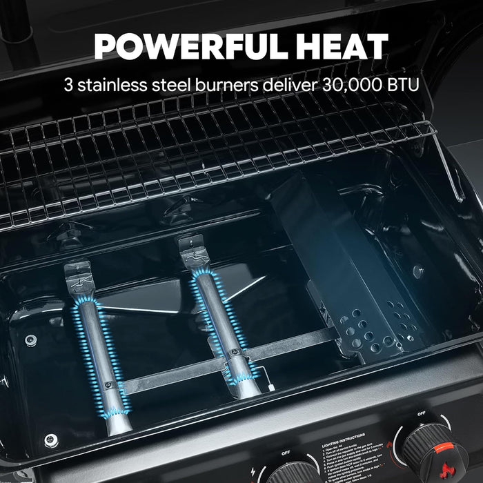 3 Burner Propane Gas Grill with Side Burner, Porcelain-Enamel Main Body and Lid, Propane BBQ Grill with 38,000 Btus Output & Side Table for Patio, Backyard, Poolside Gatherings