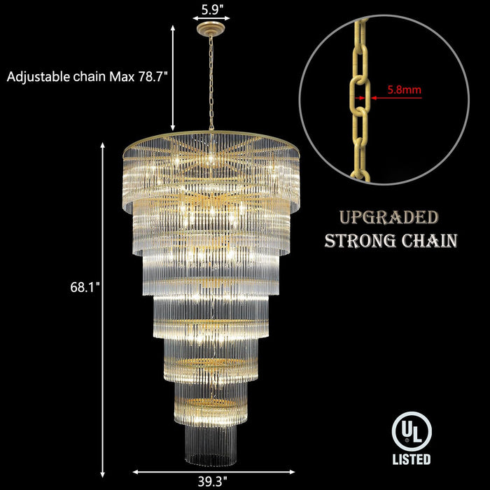 Large Gold Chandeliers H68 Modern High Ceiling Chandelier 7-Tier Glass Chandelier Foyer Entryway Ceiling Light Fixture for Staircase Grand Living Room Entry Extra Long