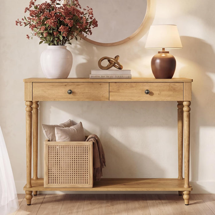 Mariel Collection - Console Table, Narrow Entryway Sofa Table with Drawers and Shelf, Solid Wood Legs, Mid-Century Modern, for Hallway Doorway Living Room, Natural Brown ULNT139K301S