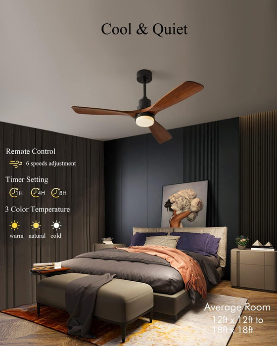 Modern Ceiling Fans with Lights, 3 Wood Fan Blades, 52" Black with Remote Control, Noiseless Reversible DC Motor for Bedroom/Living Room/Study/Patio