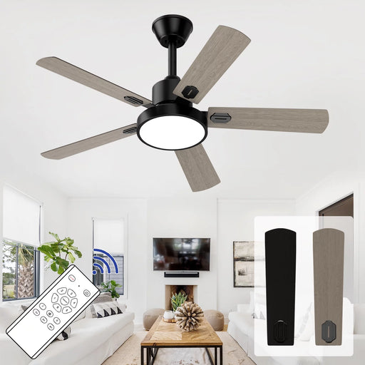 XAUJIX Ceiling Fan with Light and Remote Control, Modern Flush Mount Ceiling Fan 52 '' 6-Speed Reversible DC Motor 5 Wood Fan Blades Yellow and Black