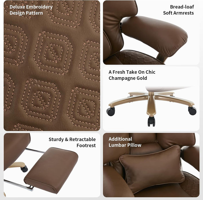 Big and Tall Executive Office Chair with Footrest, 400LBS Capacity Ergonomic High-Back Desk Office Chair with Lumbar Support, Padded Armrests & Thick Cushion, Brown PU Leather Chairs