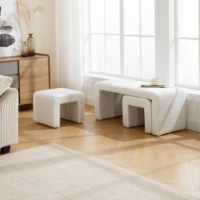 3-Piece Nesting Ottoman Bench Set, 40.5" Wide Upholstered End of Bed Bench with 2 Small Stools Sherpa Comfy Entry Bench Vanity Stools Modern Arched Bench for Living Room Bedroom, White