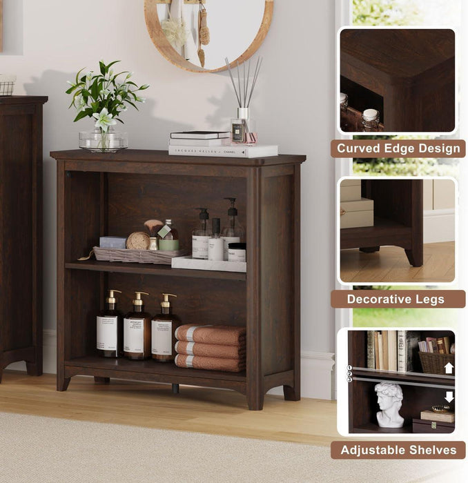Wooden Bookshelf Bookcase, 2-Tier Compact Wood Book Shelf with Adjustable Display Storage Shelves, Floor Standing Book Case for Living Room, Office, Brown Cherry