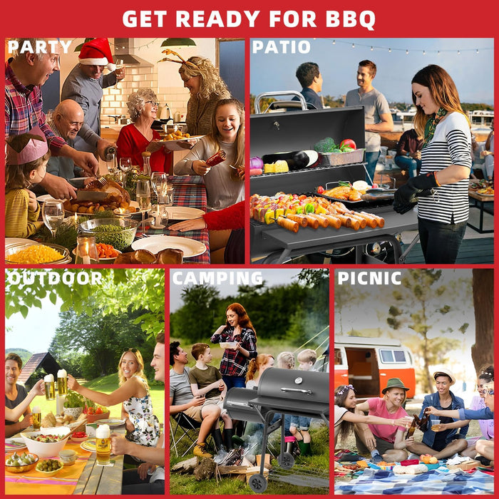 Barrel Charcoal Grill with Offset Smoker,550 Square Inches Cooking Area, Outdoor BBQ Grill with Front Shelf, Perfect for Backyard, Patio Parties and Picnics.