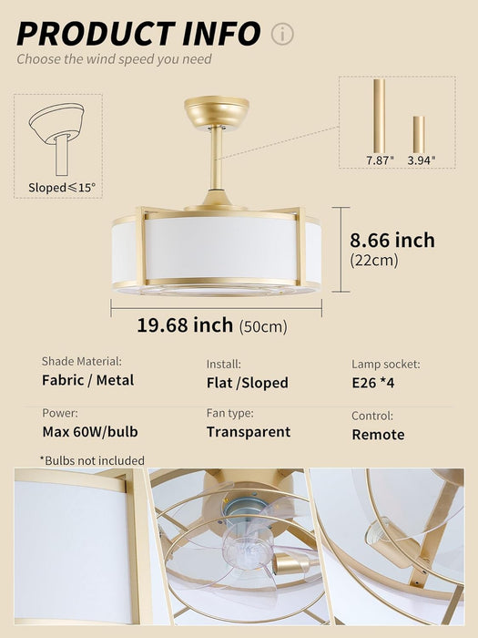 20" Caged Ceiling Fans with Lights, Gold Fandelier Ceiling Fan with Light, Boho Chandelier Fan Remote Control, 6 Speeds for Bedroom, Nursery, Living Room