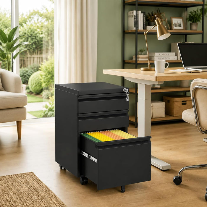 3 Drawer Metal File Cabinet with Lock & Rolling Casters