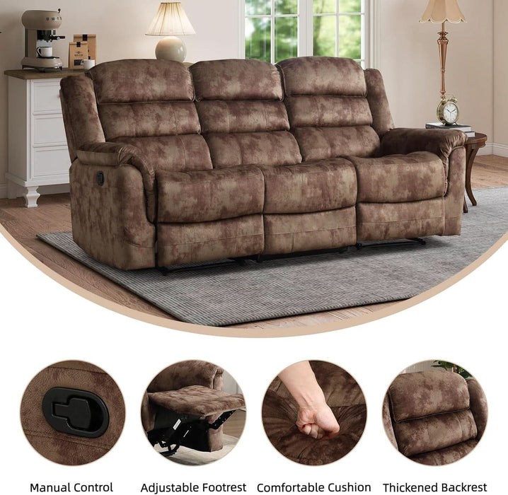 Reclining Sofa for Living Room, Extra Wide Modern Overstuffed 3 Seat Recliner Manual Sofa Chair, Breathable Soft Fabric and Padded Seat, Brown