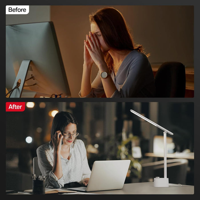 LED Desk Lamp - Sunturalux Desk Lamps for Home Office with USB A+C Charging Ports, 3 Color Modes Stepless Dimmable Eye-Caring Foldable Desk Light for Bedroom Table Reading Study(White)