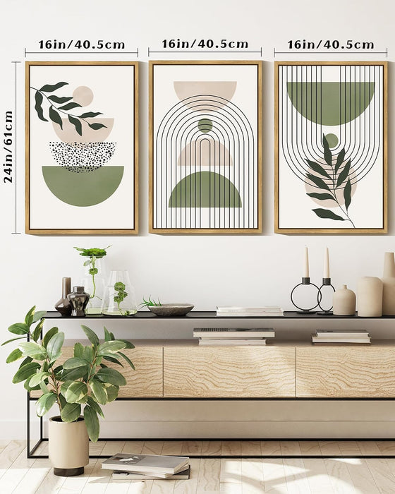 Large 16X24In Green Botanical Boho Wall Art Framed Modern Sage Bohemian Wall Decor Abstract Geometry Lines Prints Ready to Hang Natural Framed