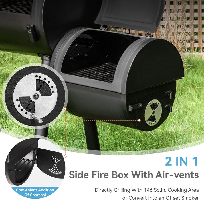 Offset Smoker Charcoal Grills with 28 Inch Cook Chamber, Barrel Smoker and Charcoal Grill Combo, 512 Sq. In. Space Barrel Smoker Grill for Outdoor BBQ Patio Backyard Cooking