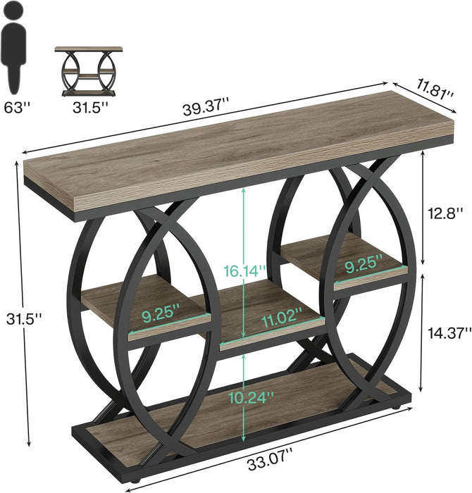 39.4" Console Table, Industrial 4-Tier Sofa Table Entryway Table with Storage Shelves, Narrow Wood Accent Tables with Metal Frame for Small Spaces, Hallway, Foyer, Grey