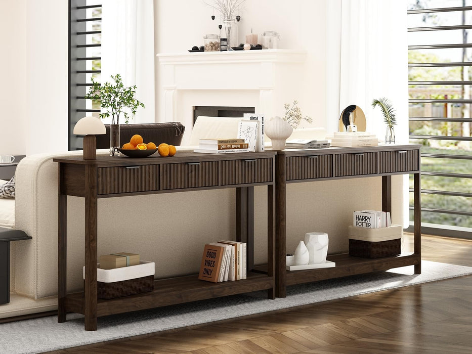 Fluted Wood Console Table with 3 Drawers, Boho Narrow behind Couch Entryway Table with Open Storage Shelf, Modern Sofa Table for Living Room, Foyer and Hallway (Dark Walnut)