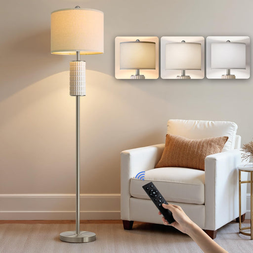 Ceramic Floor Lamps with Remote, 64" Modern Floor Lamps for Living Room with Stepless Dimmable Colors Temperature, Tall Standing Lamp for Living Room Bedroom Office, 9W Bulb Included, Silver