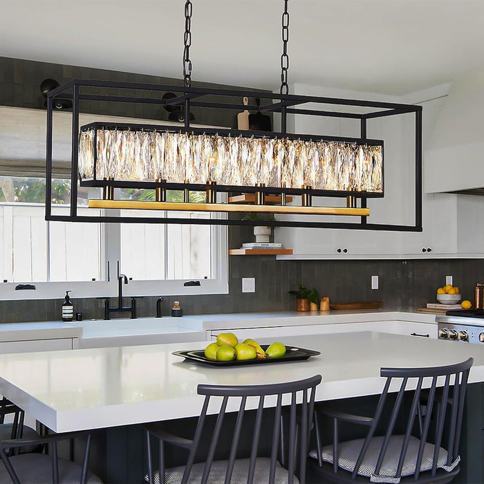 Crystal Chandeliers for Dining Room 6-Light Rectangle Modern Farmhouse Pendant Light Fixture for Kitchen Island Bar, L35 Inch