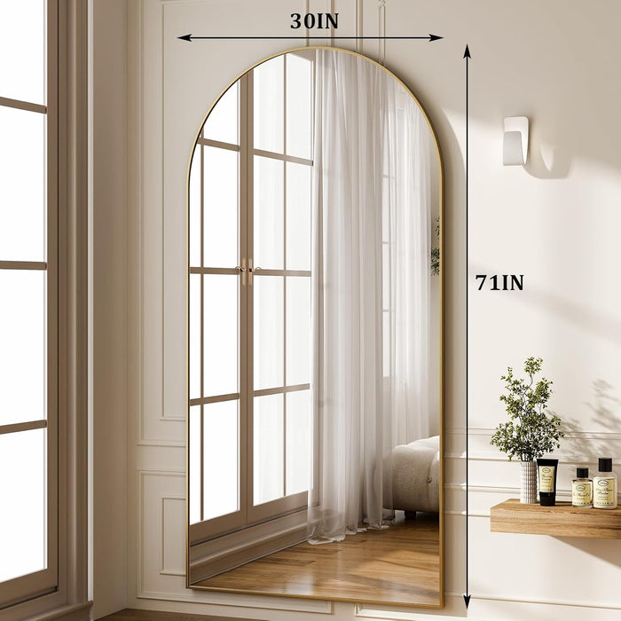 71"X30" Arched Full Length Mirror Free Standing Leaning Hanging Mounted Mirrors Aluminum Frame Modern Simple Home Decor for Living Room Bedroom Cloakroom, Gold