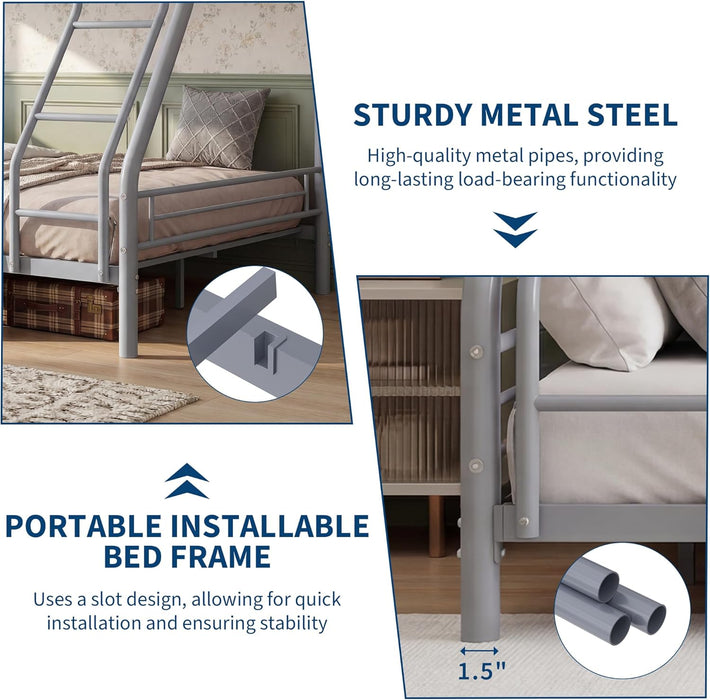Twin over Full Bunk Bed Frame, Heavy Duty Metal Bunk Beds for Kids/Teens/Adults, 450 Lbs Upper & 500 Lbs Lower Capacity, Slot-Type Assembly, Reversible Ladder, 11.7" Safety Guardrails，Grey