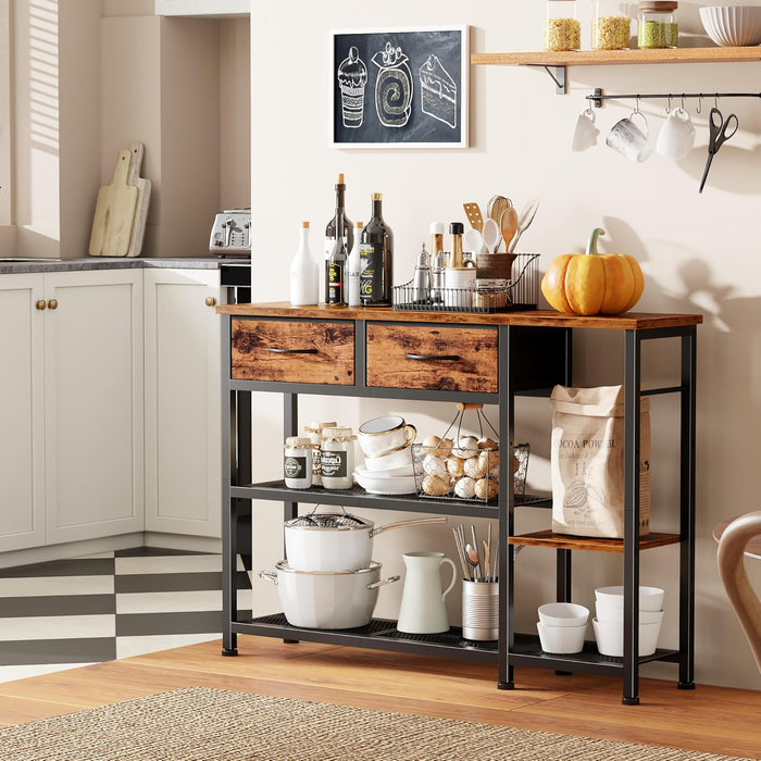 44'' Entryway Table, Industrial Console Sofa Table with Metal Mesh Storage Shelves, Shoe Rack Display Shelf for Front Door, Couch, Kitchen, Fabric Drawers, Rustic Brown