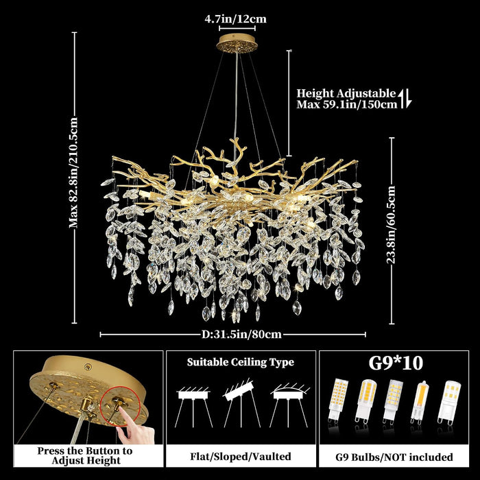 31.5" Tree Branch Chandelier 10-Light Gold Crystal Chandelier