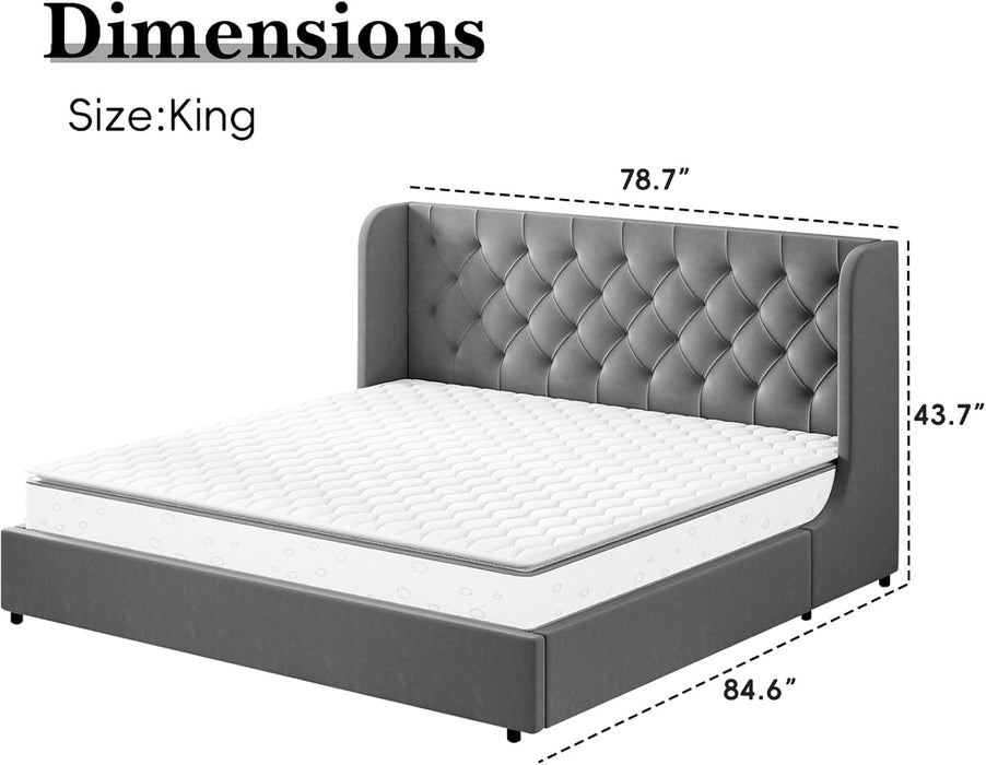 Grey King Bed Frame, Velvet Upholstered Platform Bed Frame with Headboard, Curved Wingback Design, Wooden Slats, No Box Spring, Noise Free, Easy Assembly