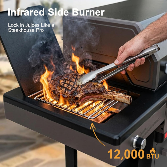 Brand-Man 4 Burner Propane Gas Grill with Infrared Side Burner, 52,000 BTU Total BBQ Grill with Porcelain-Enameled Cast Iron Diamond-Pattern Grates & Griddle for Outdoor Barbecue Grilling