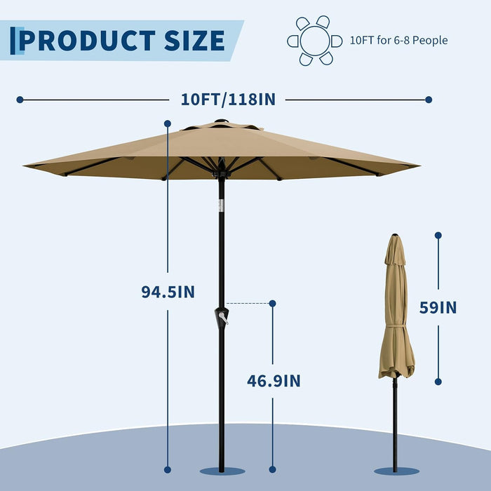 10FT Patio Umbrella - Outdoor Table Umbrella with Smooth Crank Lift, Push Button Tilt and 8 Sturdy Ribs - Market Umbrella UV Protection Waterproof for Pool, Deck, Yard, Garden -Tan