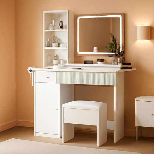 Small Vanity Desk with Mirror & Lights, Pink Makeup Vanity with Charging Station & Storage Chair, Dressing Table Set with Drawer & Shelves for Compact Bedroom Space, White