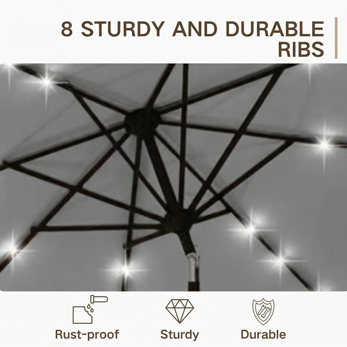 10FT Outdoor Patio Umbrella with Solar Lights, Market Table Umbrella with Push Button Tilt & Crank, 8 Sturdy Ribs, 32 LED Lights, UV Protection for Garden Lawn Deck Backyard Pool (Light Grey)