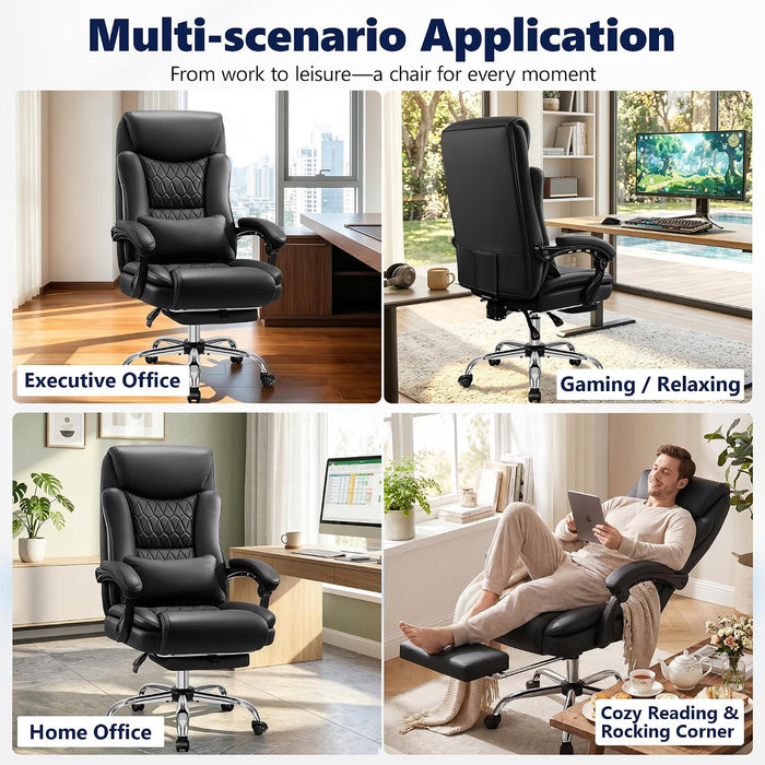 Ergonomic Office Chair Executive PU Leather High Back, 400Lbs Heavy Duty Reclining Desk Chair with Footrest, Adjustable Lumbar Support, Padded Armrests, Wide Seat, Black