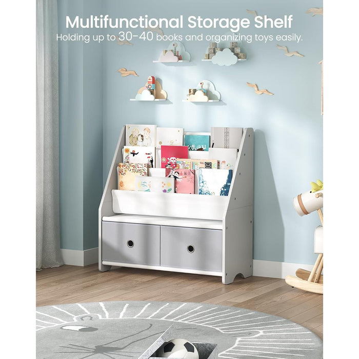 Kids Bookshelf and Toy Storage, 4 Tier Large Capacity Kids Book Rack, Sling Kids Bookcase, for Kids Room, Nursery, Playroom, White and Gray MCW06WT