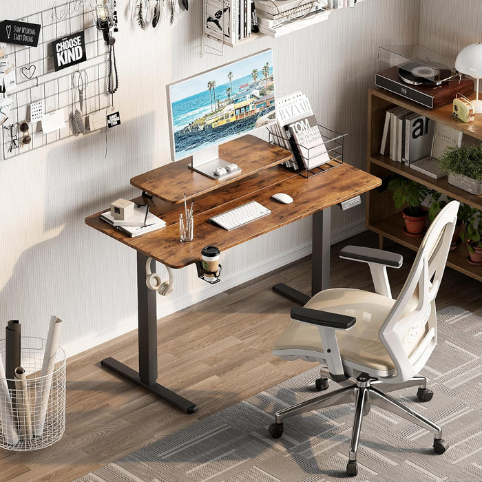 Electric Standing Desk with Monitor and Laptop Workstation, 47 X 24 Inches Height Adjustable Sit Stand up Desk, Computer Workstation with Cup Holder and Hook, Cable Holes, Rustic Brown